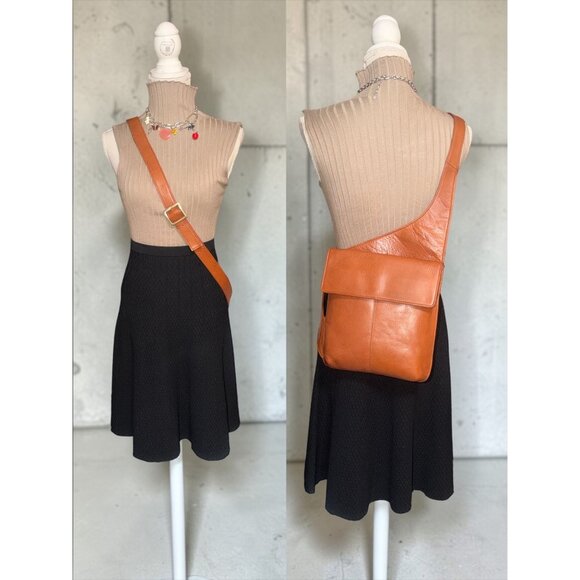 VTG Hobo International Side Pack Saddle Brown Leather Asymmetrical Crossbody Bag - Picture 2 of 10